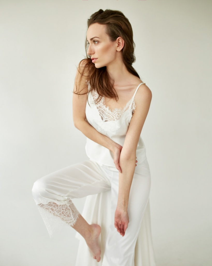 Angelika Ivory Silk Pajama Set with Lace