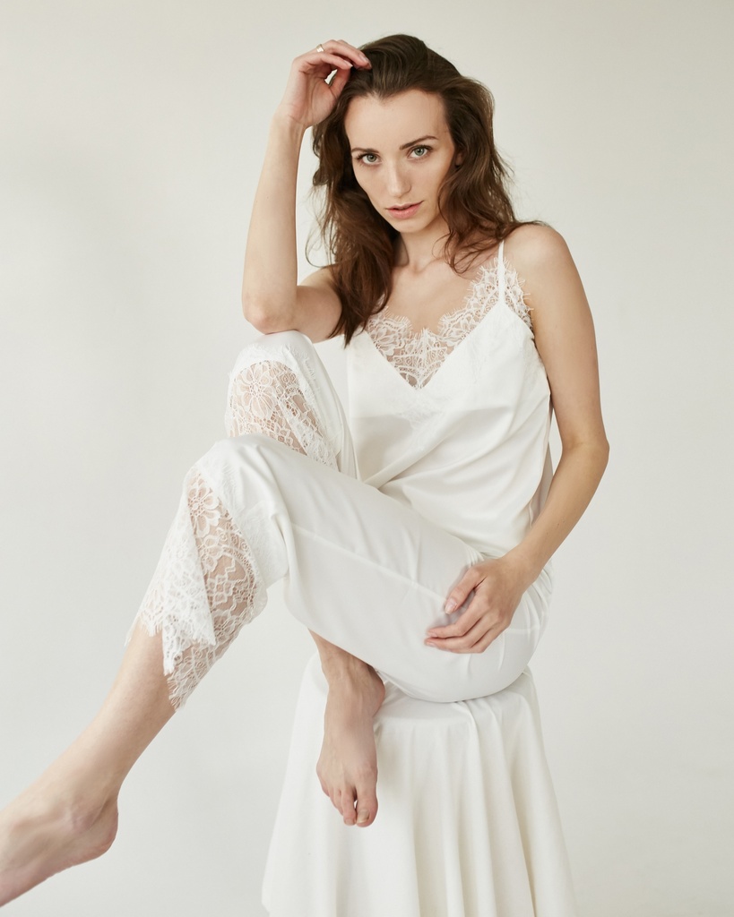 Angelika Ivory Silk Pajama Set with Lace
