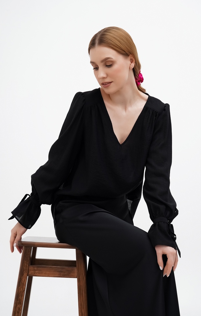 Jessica Black Chiffon Blouse With Ruffle Sleeves