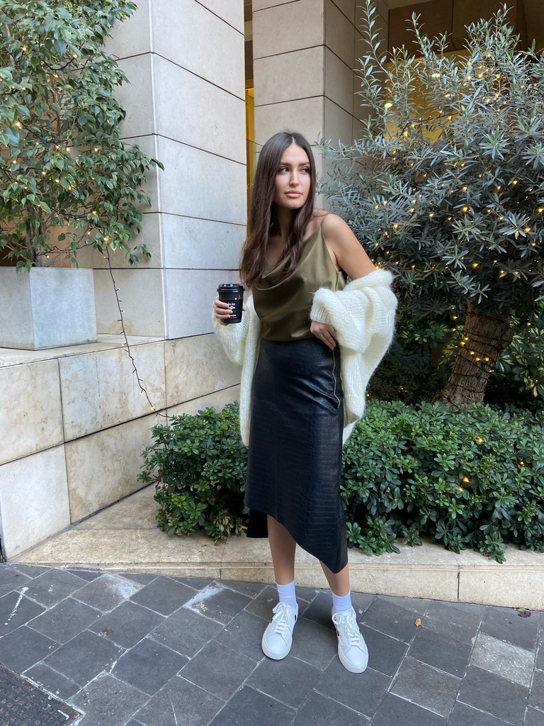 Iren Olive Silk Cowl Neck Tank Top