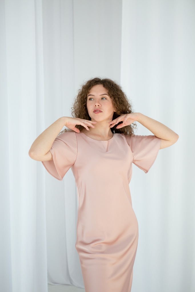 Gitta Powder Pink Silk Midi Dress with Ruffle Sleeves