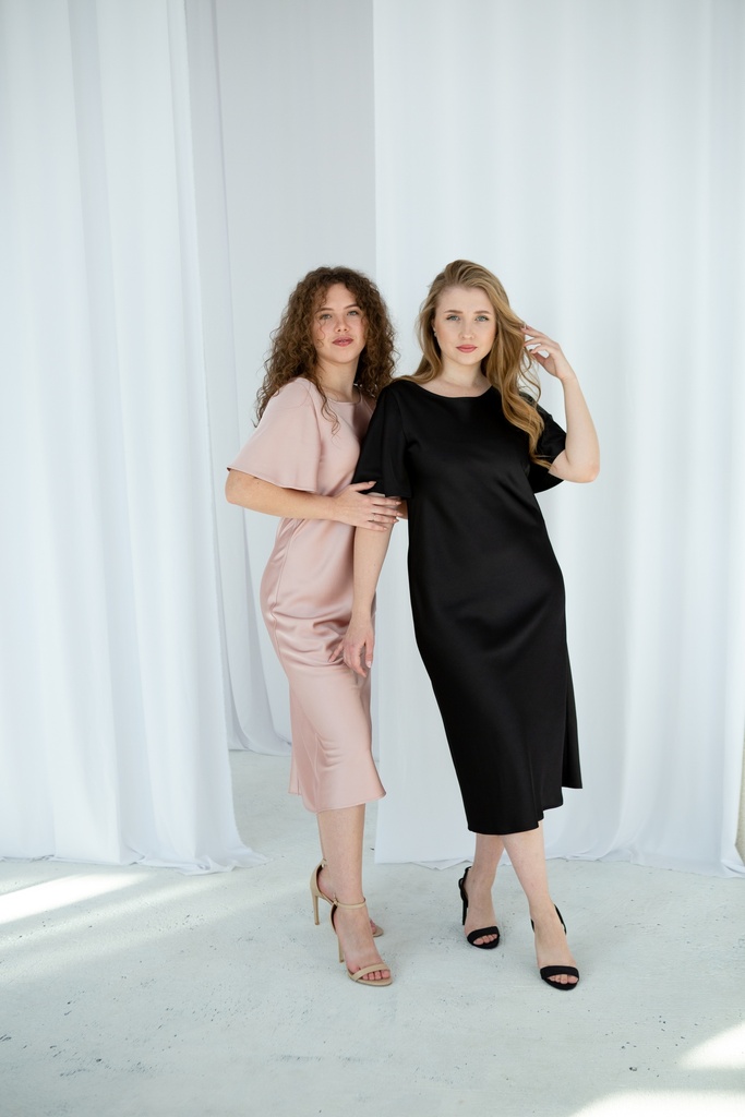 Gitta Powder Pink Silk Midi Dress with Ruffle Sleeves
