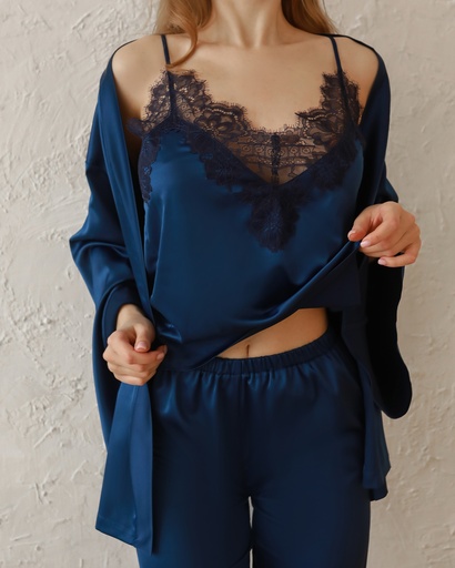 Angelika Navy Blue Silk Camisole with Lace