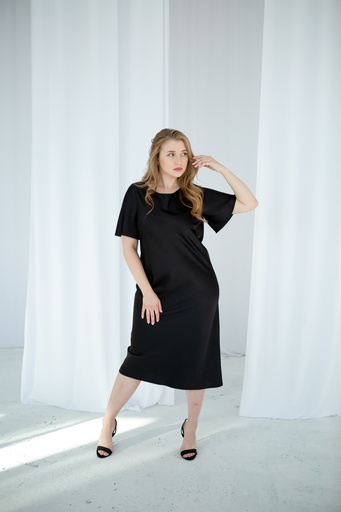 Gitta Black Silk Midi Dress with Ruffle Sleeves