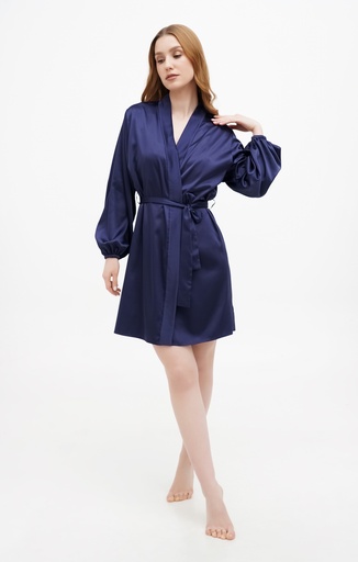 Reine Navy Blue Short Silk Robe with Long Sleeves